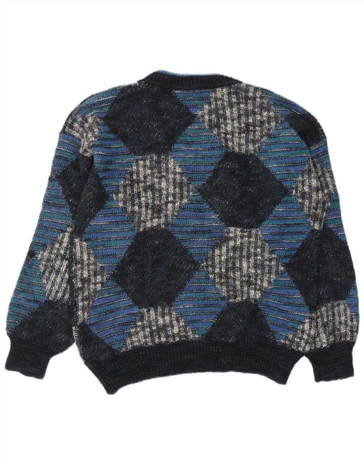 Maglione vintage da uomo con scollo a V IT 48 Lana a rombi/diamante blu medio