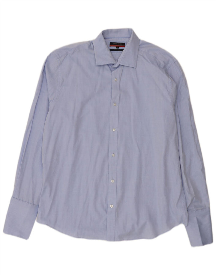 Camicia formale da uomo Pierre Cardin taglia 16 1/2 grande cotone blu a spina di pesce