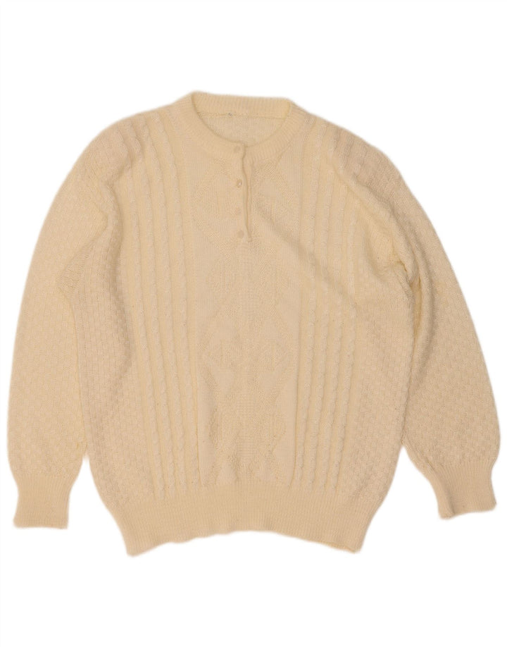 Maglione maglione vintage da donna con collo a bottoni UK 16 grande bianco sporco