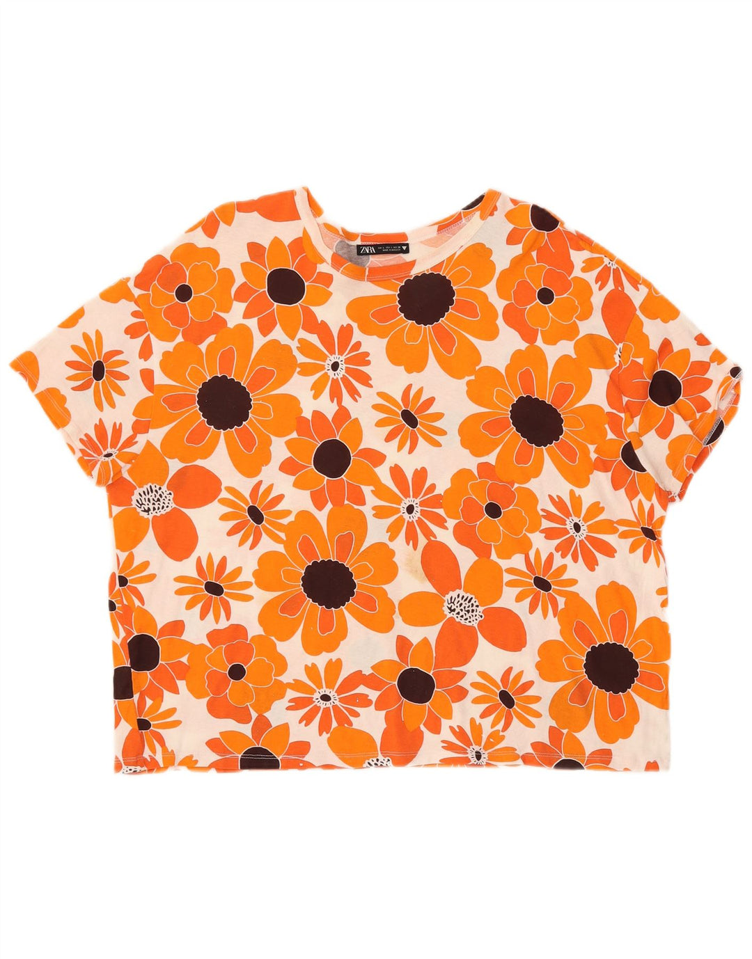 ZARA T-shirt da Donna Top UK 16 Grande Arancione Floreale