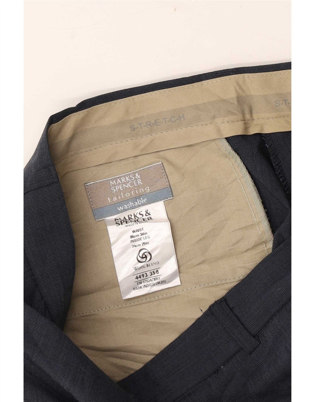 Pantaloni da abito dritti da uomo Marks & Spencer W34 L29 poliestere blu navy