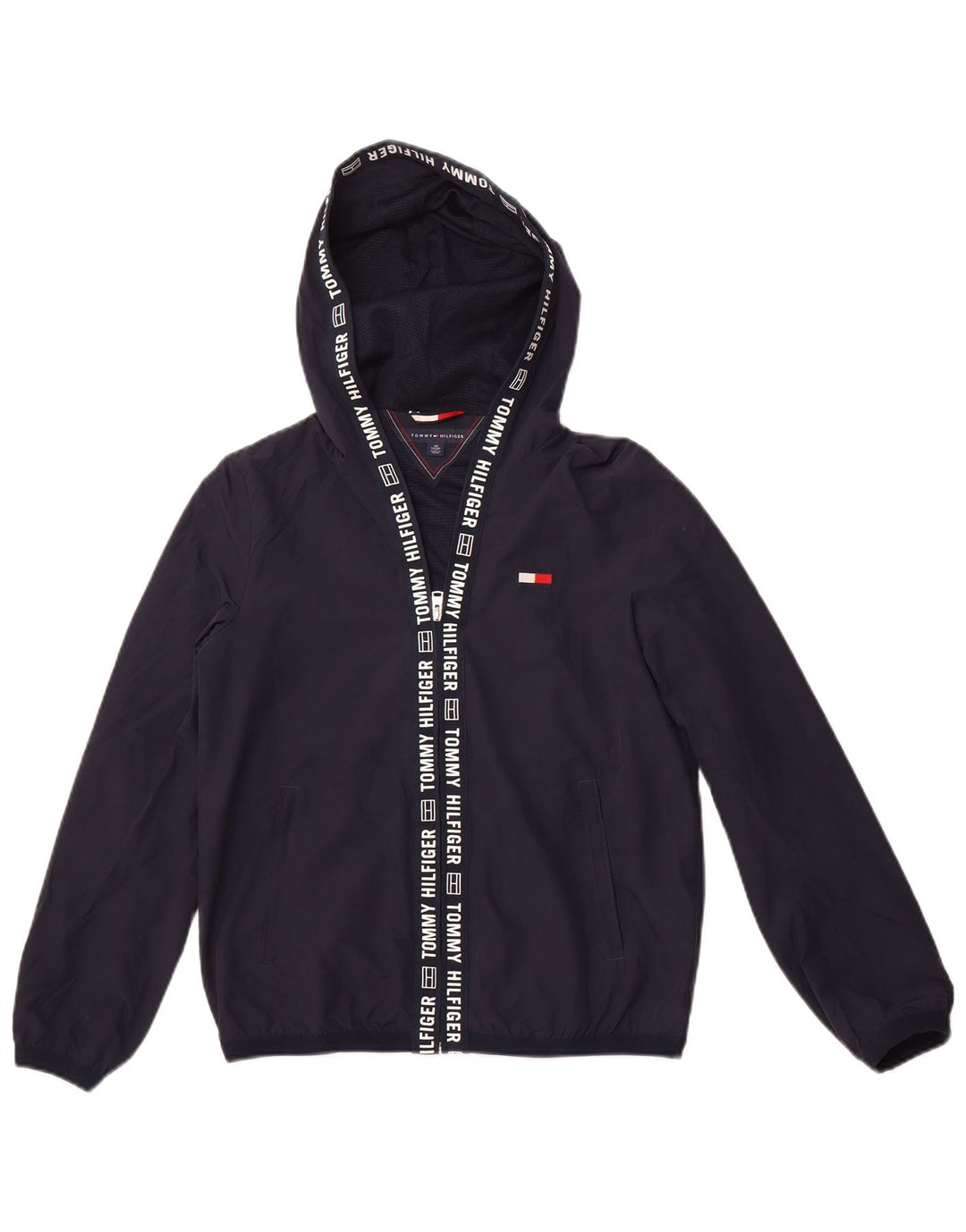TOMMY HILFIGER Giacca antipioggia con cappuccio grafica da donna UK 6 XS Blu navy