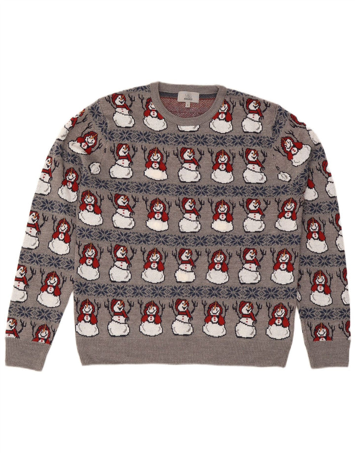 Maglione maglione girocollo da uomo Marks & Spencer grande grigio natalizio