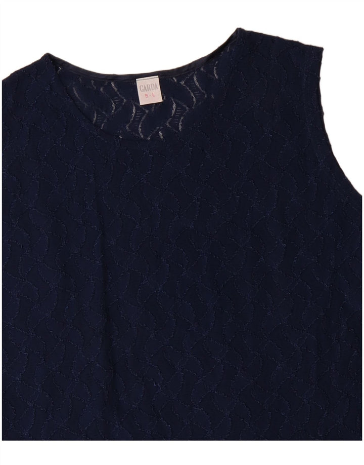 Top camicetta corta senza maniche da donna vintage UK 14 grande poliammide blu navy