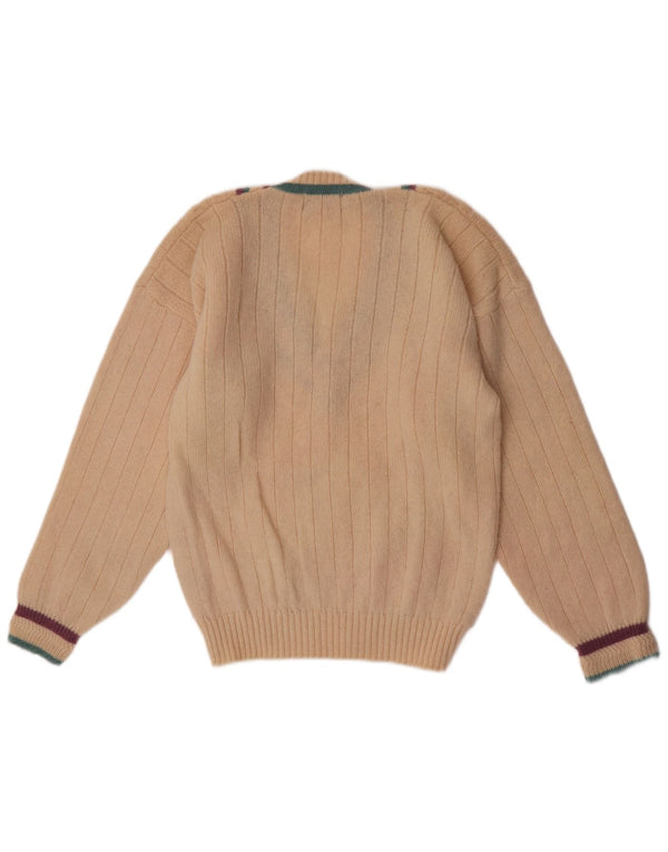 Kappa Womens V-Neck Jumper Sweater UK 14 Large Beige Striped Wool