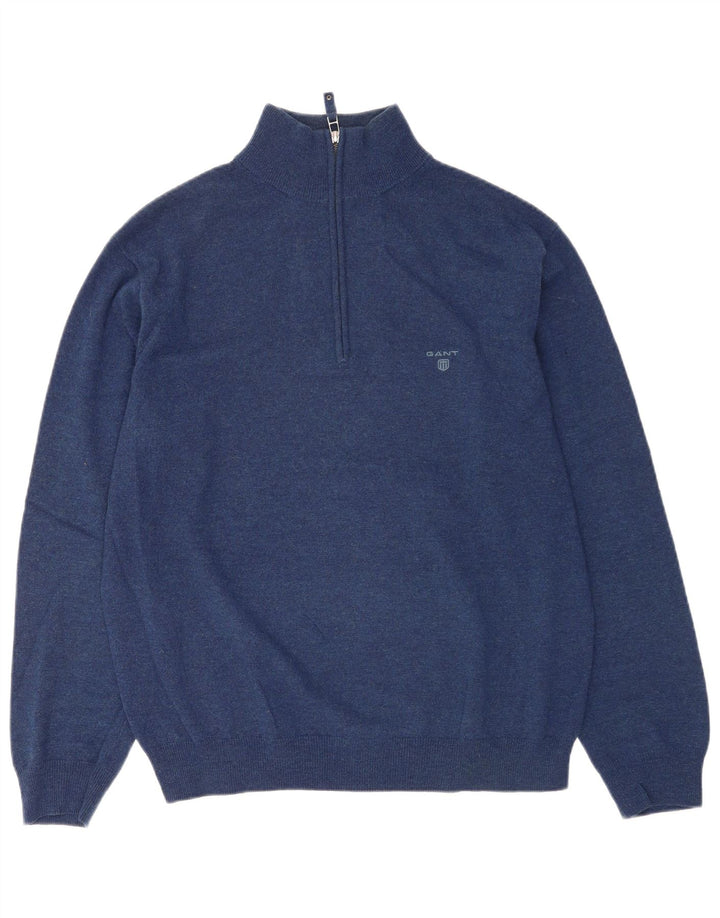 Gant Maglione da uomo con zip e collo XL in lana d'agnello blu navy