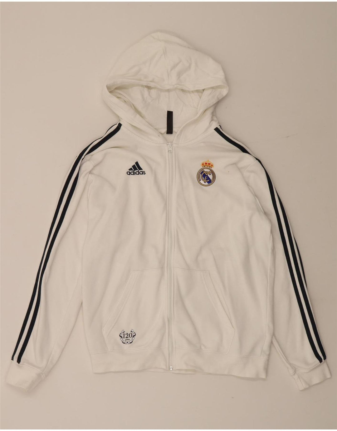 Felpa con cappuccio e zip Adidas Real Madrid da uomo in cotone bianco medio