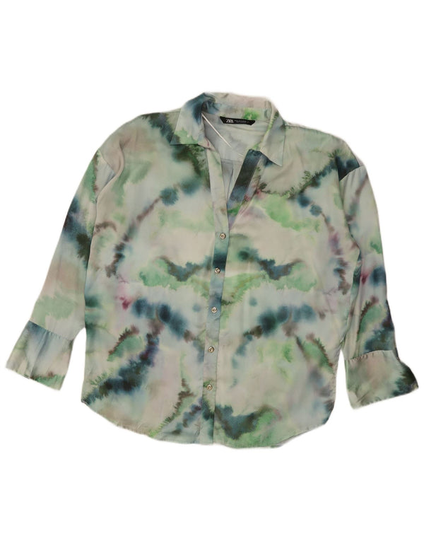 Zara Donna Camicia Oversize Camicetta UK 14 Poliestere Tie Dye Verde Medio