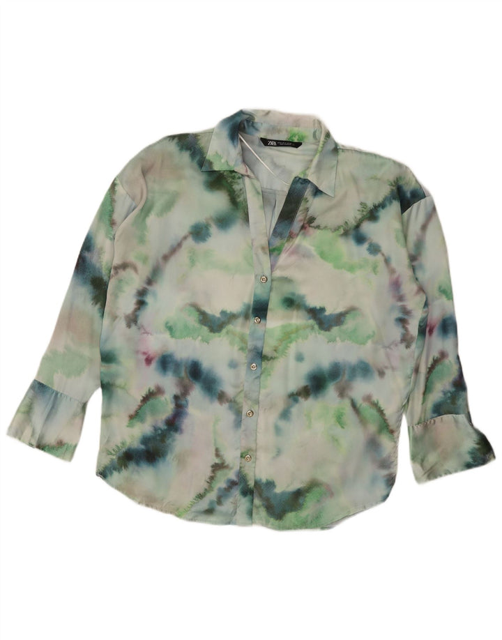 Zara Donna Camicia Oversize Camicetta UK 14 Poliestere Tie Dye Verde Medio