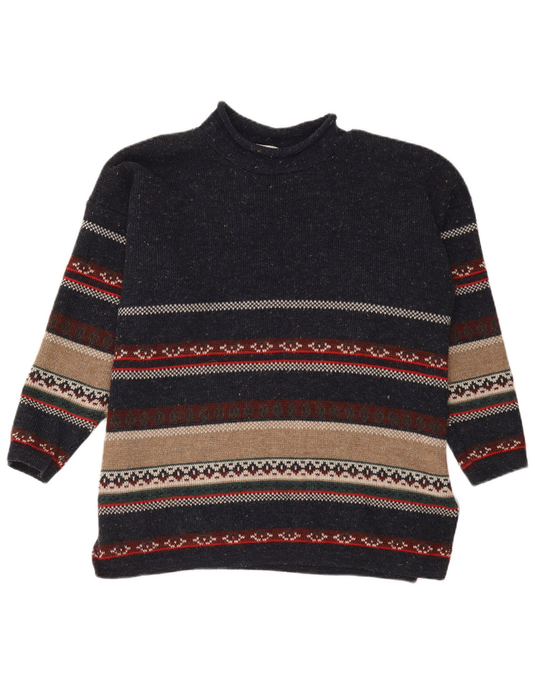 Maglione vintage da uomo con collo alto e maglione in acrilico a strisce blu navy medio