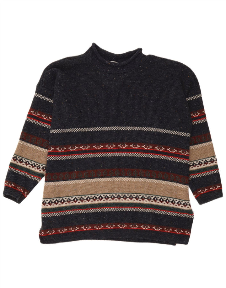 Maglione vintage da uomo con collo alto e maglione in acrilico a strisce blu navy medio