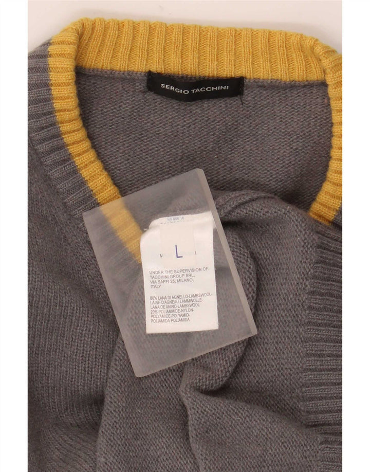Maglione da uomo con scollo a V Sergio Tacchini, lana a righe grigie grandi
