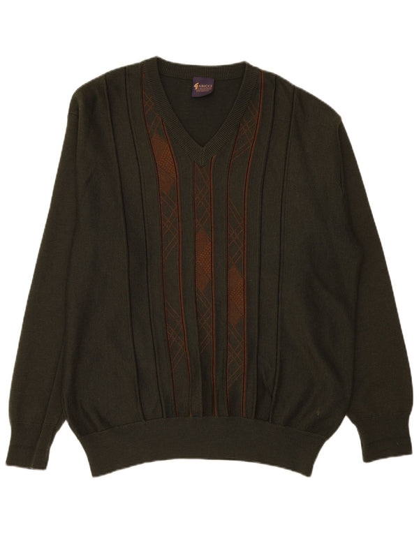 Maglione da uomo con scollo a V Gabicci, lana a righe grandi color kaki