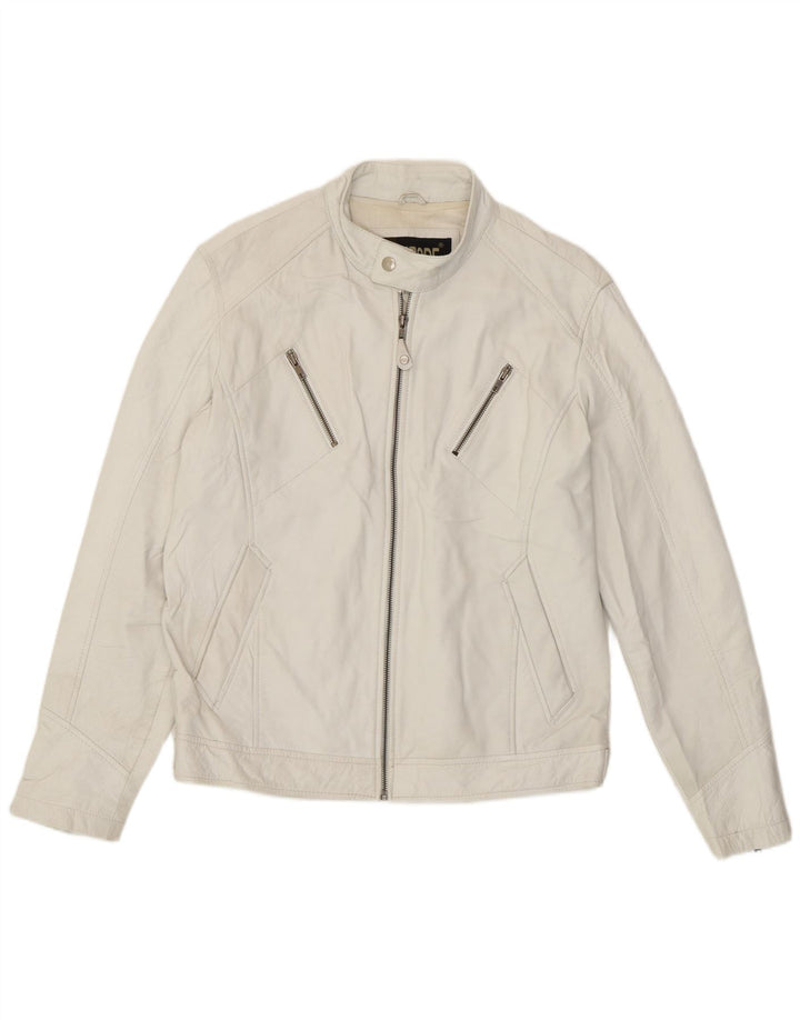 Giacca in pelle da motociclista vintage da donna UK 18 XL in pelle bianca