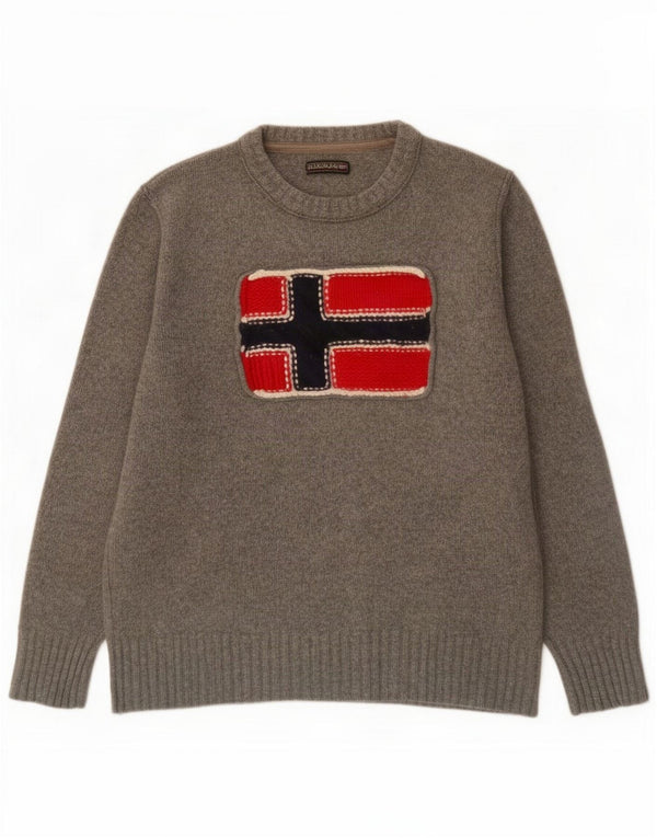 Napapijri Mens Graphic Boat Neck Jumper Sweater Large Grey Flecked Wool