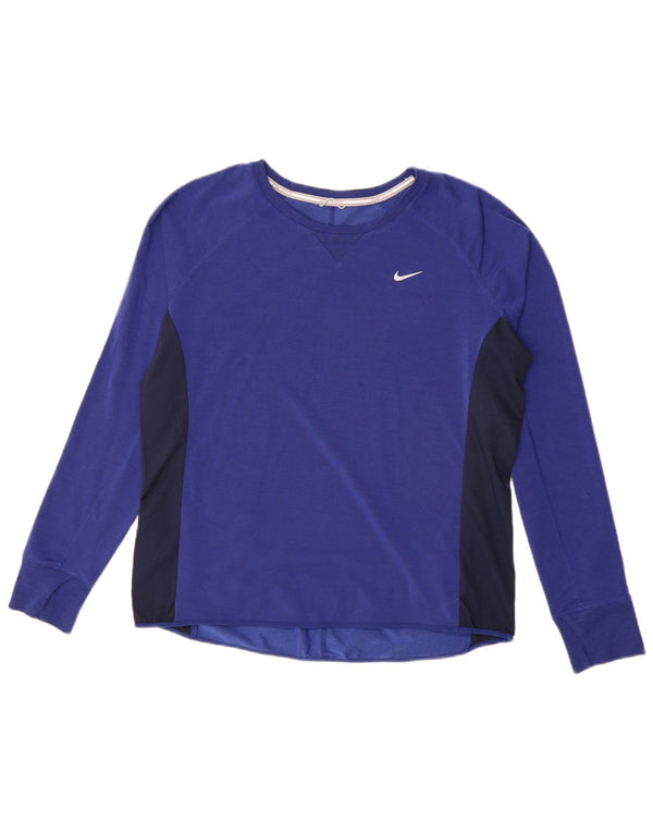 Maglia Nike Dri Fit da donna a maniche lunghe UK 16 Large Blue Colourblock Lyocell