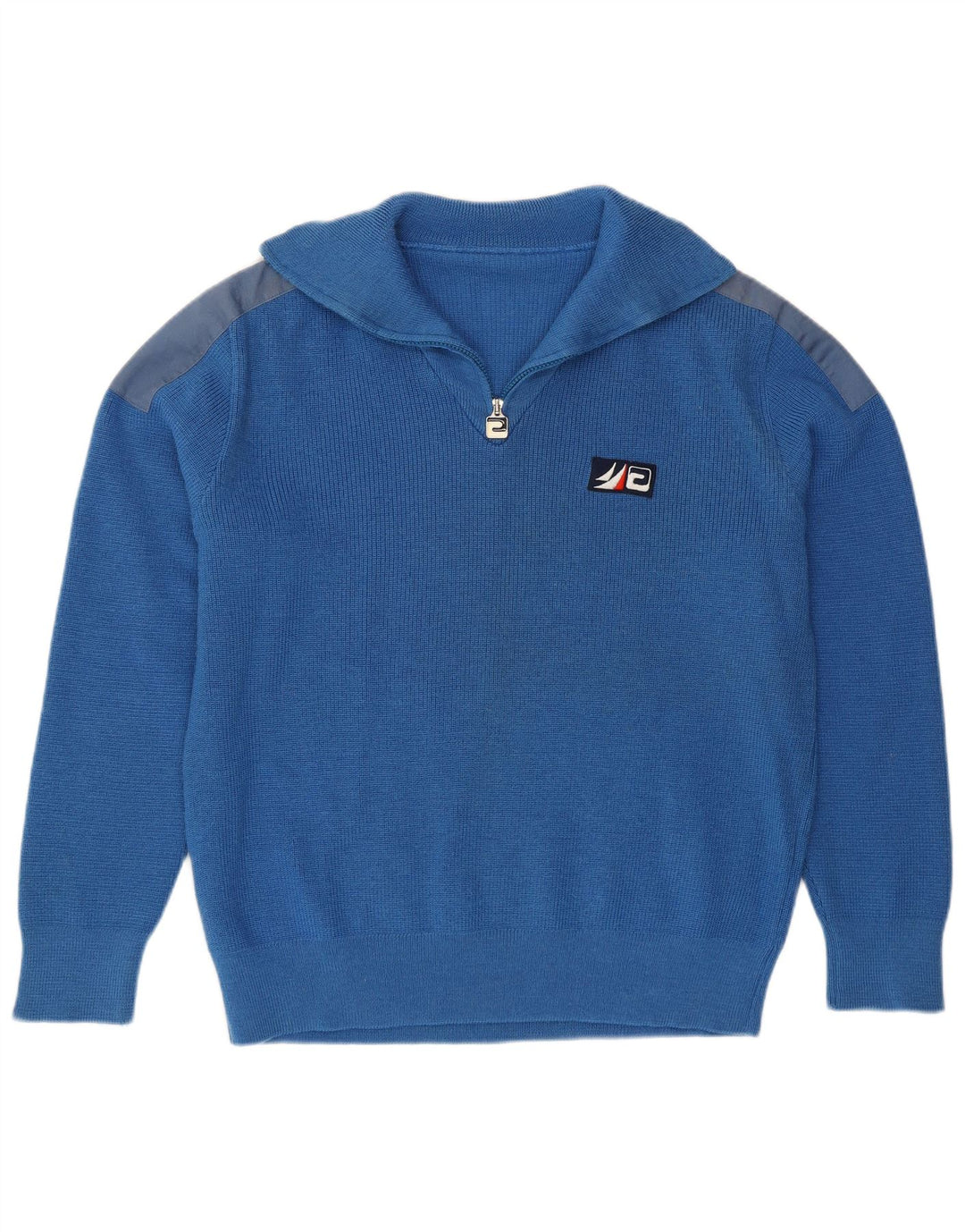 Maglione vintage da uomo con zip e collo grande color block blu