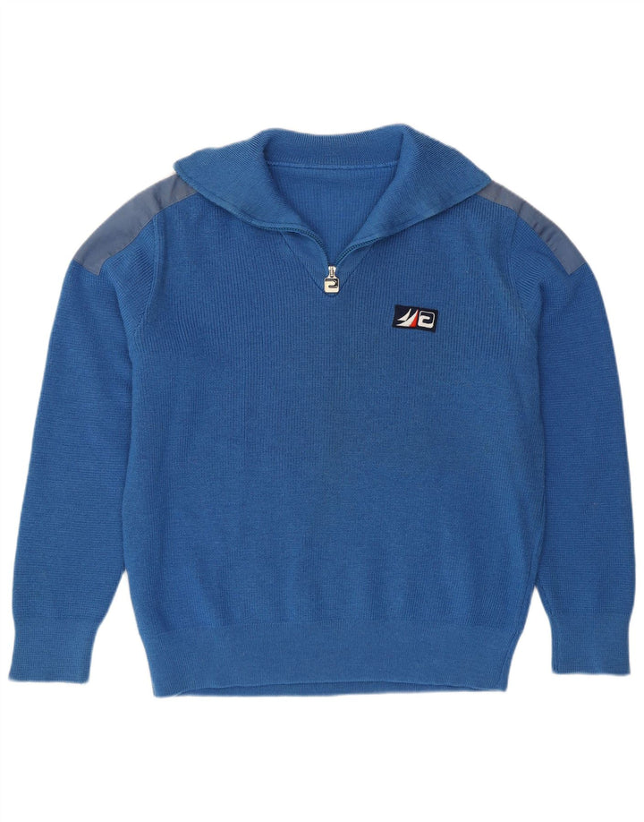 Maglione vintage da uomo con zip e collo grande color block blu