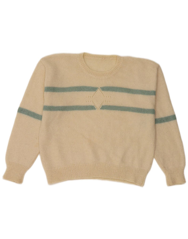 Maglione maglione girocollo da donna vintage UK 14 medio a righe bianco sporco