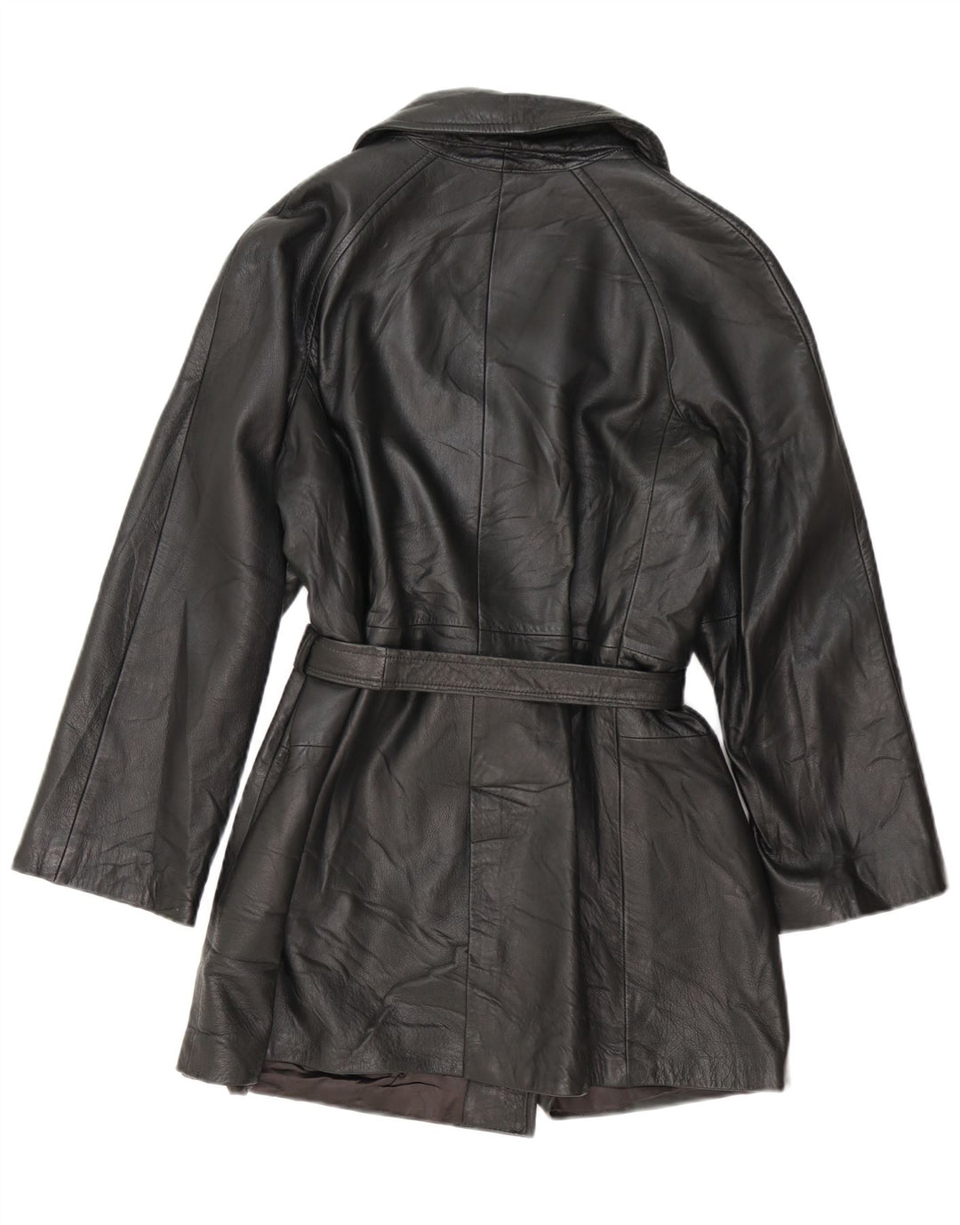 Cappotto in pelle doppio petto vintage da donna UK 14 medio nero