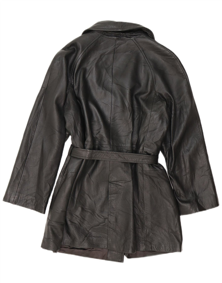 Cappotto in pelle doppio petto vintage da donna UK 14 medio nero