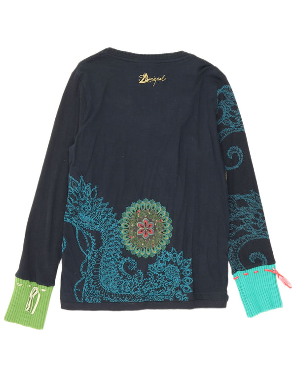 Desigual Donna Graphic Top Manica Lunga UK 18 XL Blu Navy Floreale Cotone