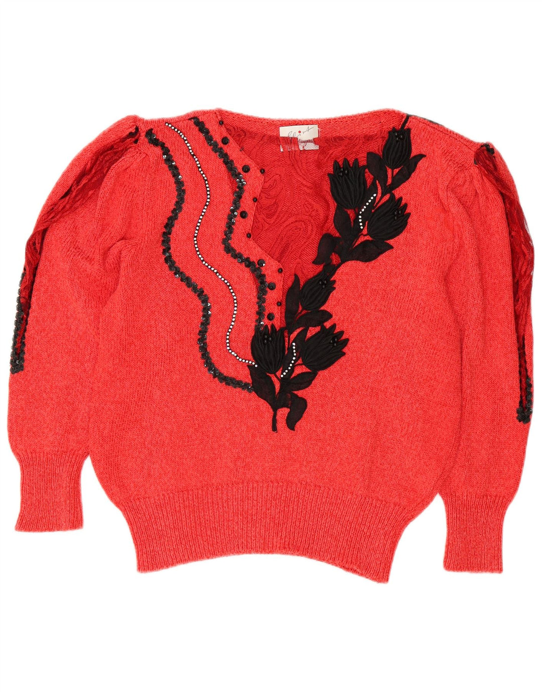 VINTAGE Womens V-Neck Jumper Sweater UK 14 Medium Red Floral