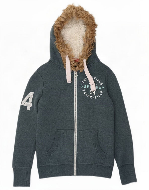 Superdry Felpa con cappuccio e zip grafica da donna UK 10 Small Blu Cotone