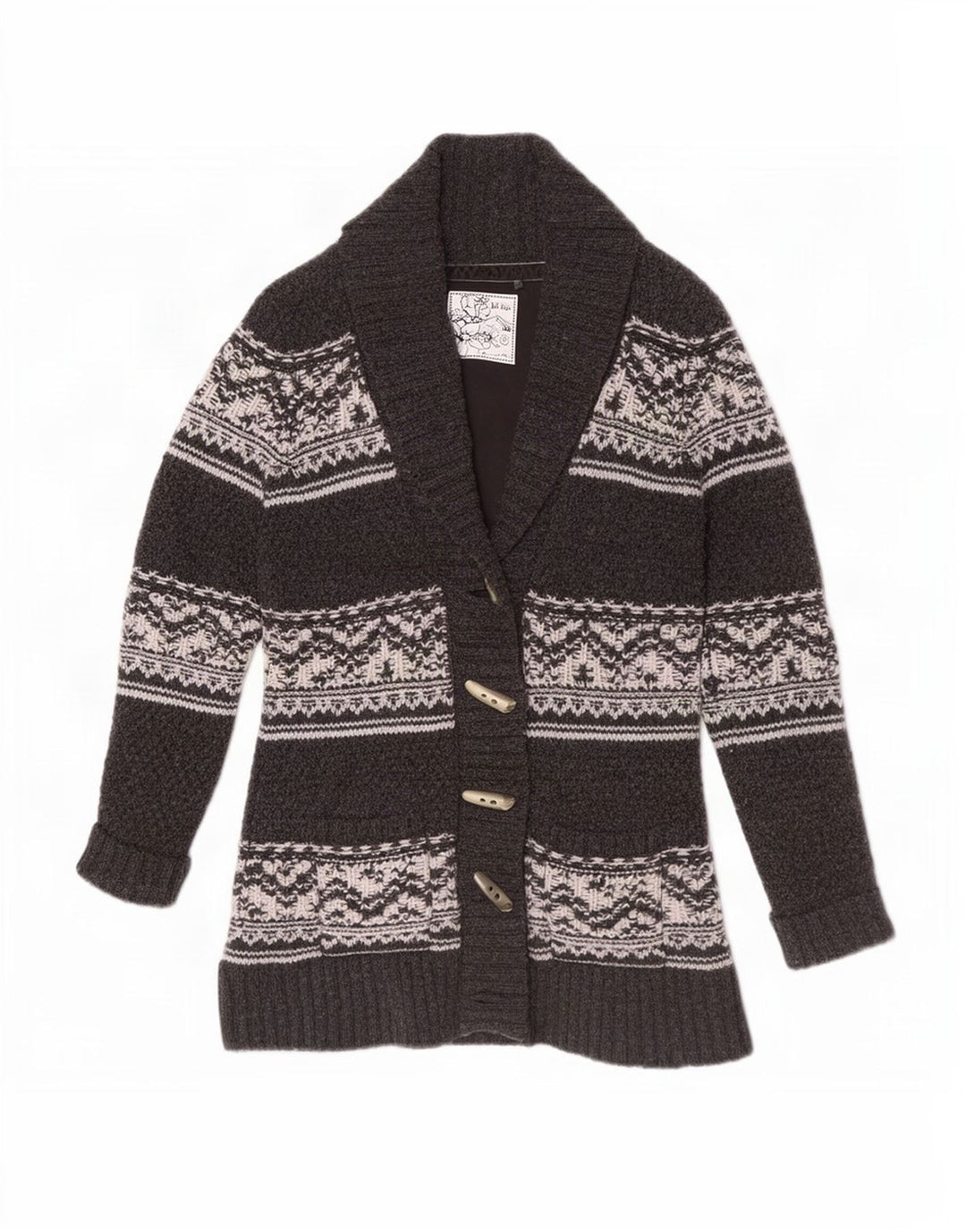 Maglione cardigan da donna Fat Face UK 12 Lana d'agnello Fair Isle grigio medio