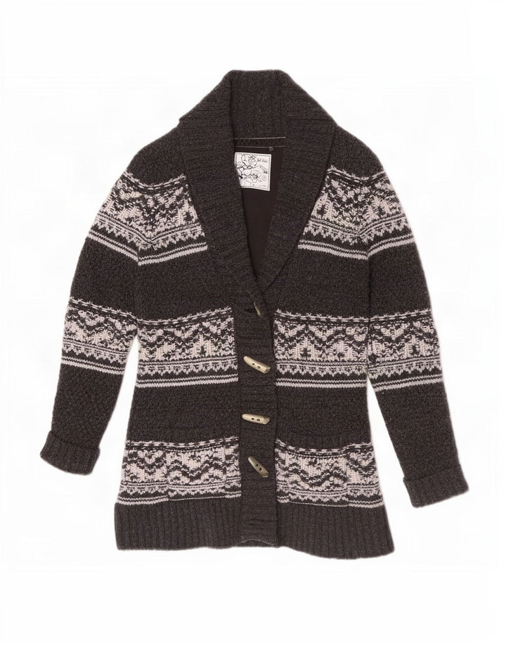 Maglione cardigan da donna Fat Face UK 12 Lana d'agnello Fair Isle grigio medio