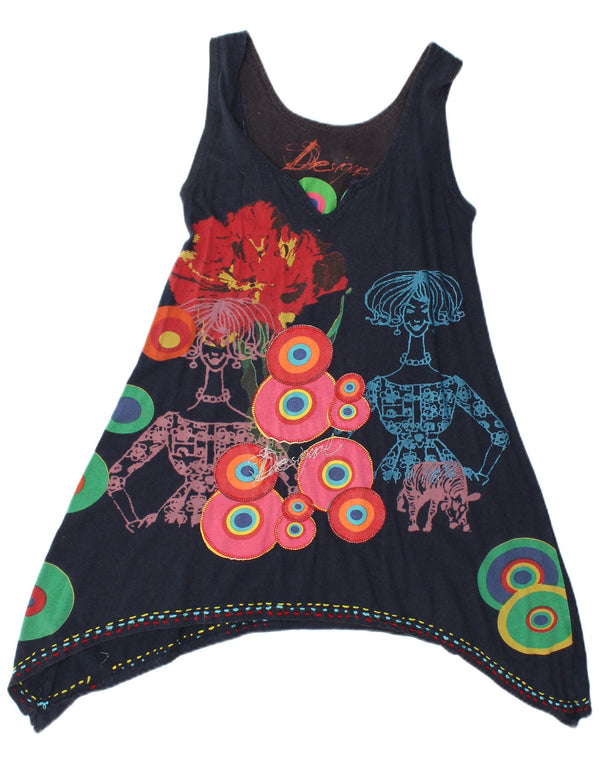 Desigual Abito tunica senza maniche da donna UK 12 Medio Blu Navy geometrico