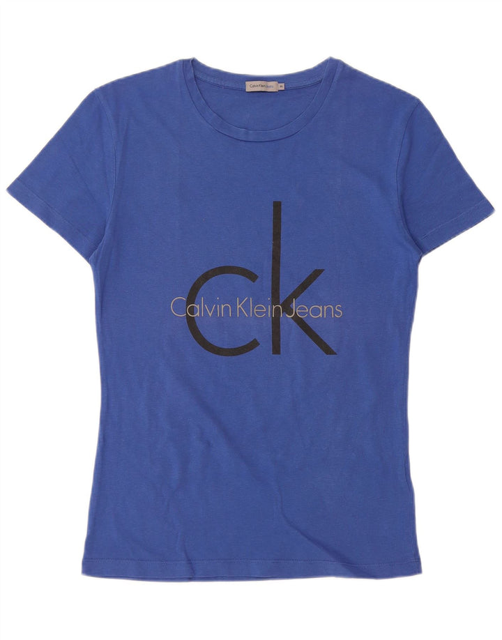 CALVIN KLEIN JEANS T-shirt grafica da donna Top UK 12 Cotone blu medio