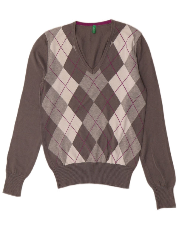 Maglione da donna con scollo a V Benetton UK 10 Small Grey Argyle/Diamond