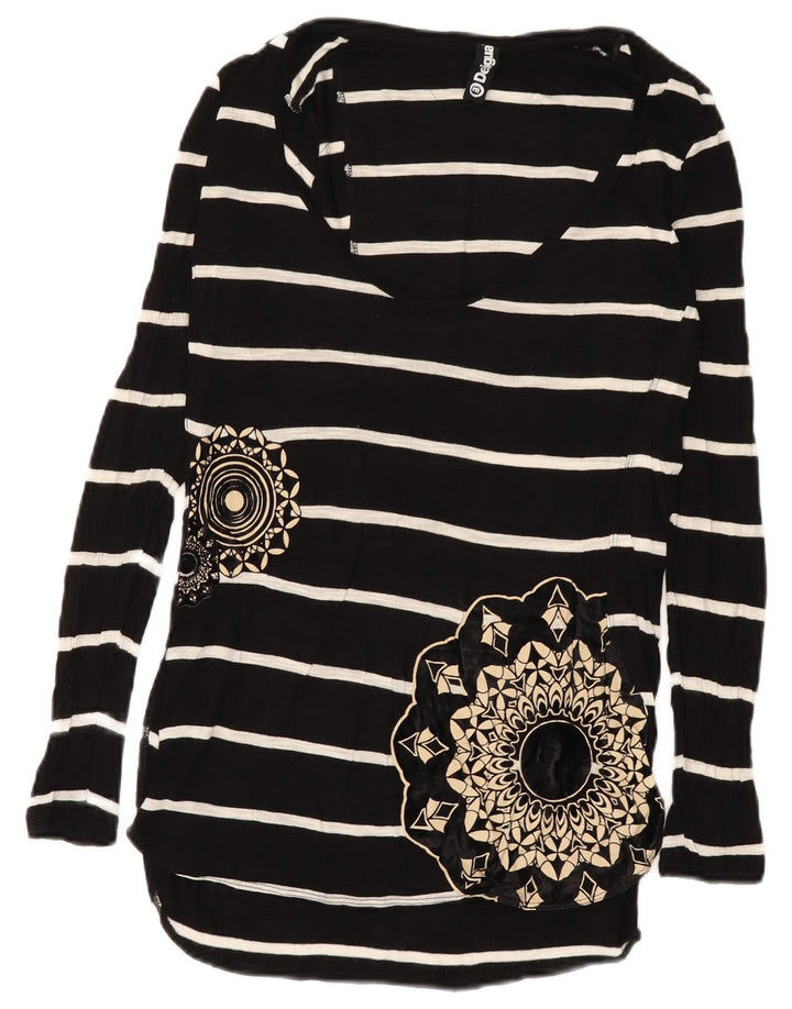Desigual Donna Graphic Manica Lunga Tunica Top UK 12 Medio Nero a Righe
