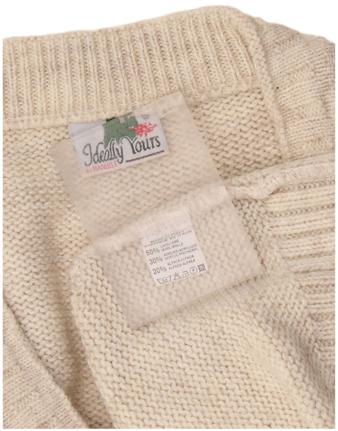 Maglione vintage da uomo con scollo a V XL in lana beige