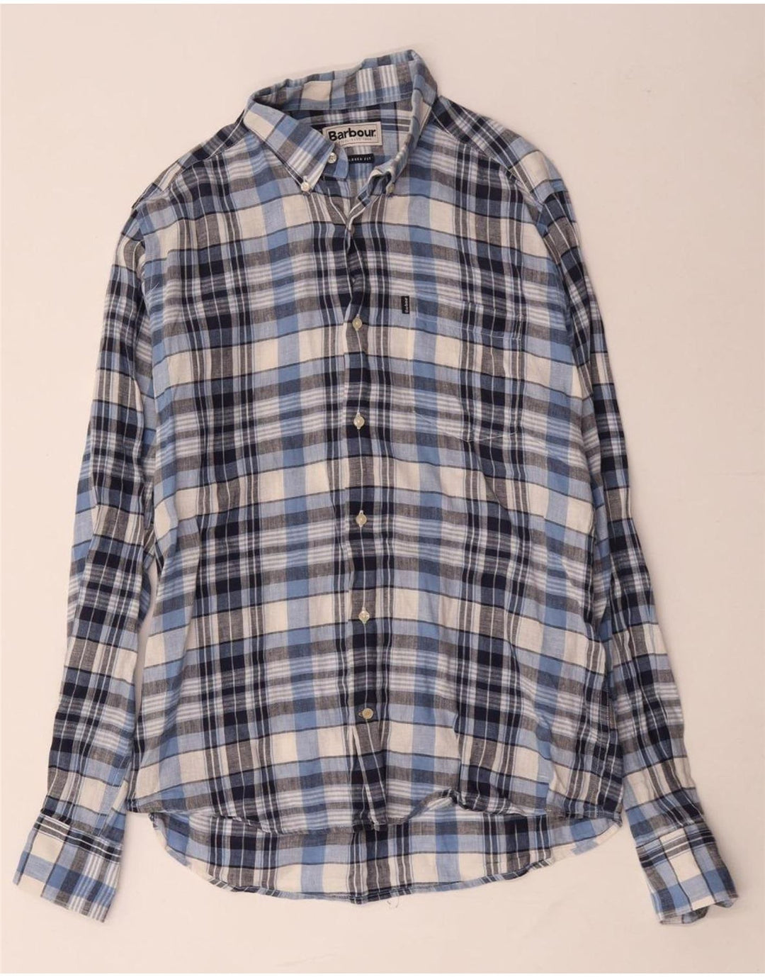 BARBOUR Camicia sartoriale da uomo in lino a quadri blu medio