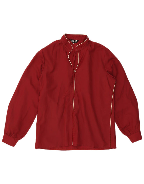 Top camicetta a maniche lunghe da donna vintage UK 16 grande poliestere bordeaux