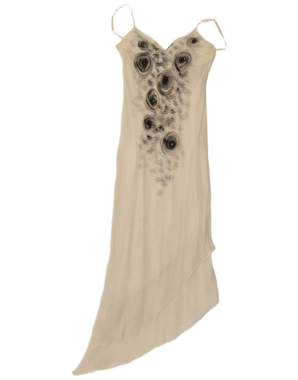 Abito lungo asimmetrico da donna vintage UK 12 medio bianco sporco floreale