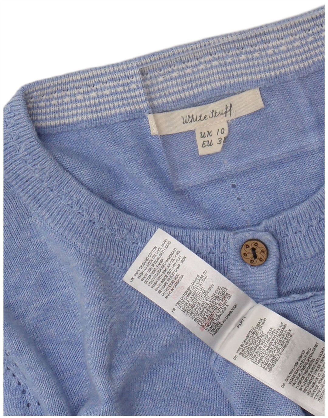 WHITE STUFF Maglione cardigan da donna UK 10 Piccolo cotone screziato blu