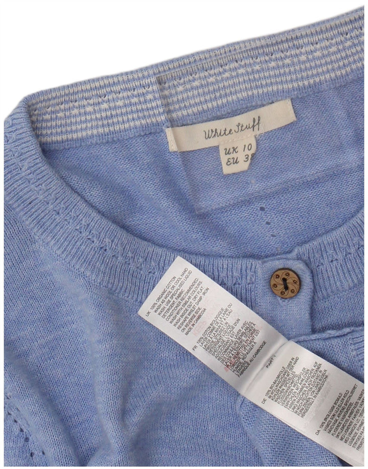 WHITE STUFF Maglione cardigan da donna UK 10 Piccolo cotone screziato blu