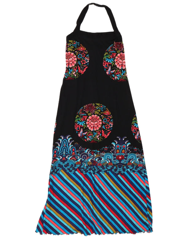 Abito maxi da donna vintage con scollo all'americana UK 10 piccolo floreale nero