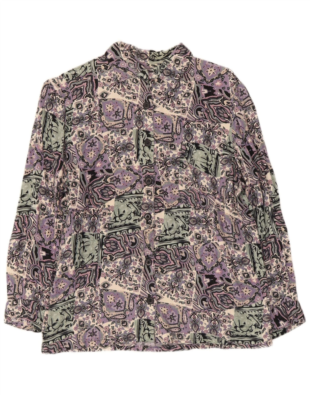 Camicia vintage da donna con maniche a 3/4 UK 14 Patchwork medio multicolore