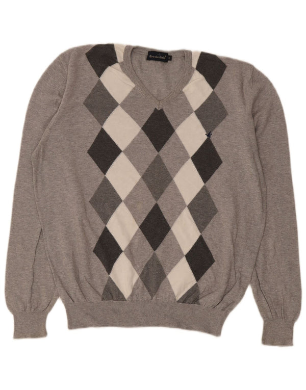 Maglione da uomo con scollo a V Brooksfield IT 50 grigio medio a rombi/diamante