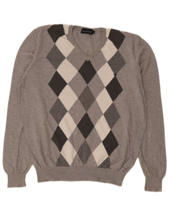 Maglione da uomo con scollo a V Brooksfield IT 50 grigio medio a rombi/diamante