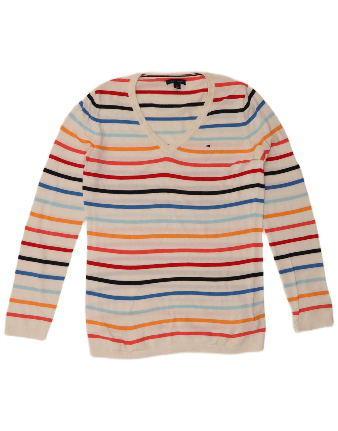 TOMMY HILFIGER Maglione da donna con scollo a V UK 10 Piccolo a righe bianche