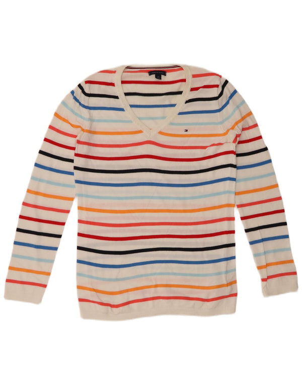 TOMMY HILFIGER Maglione da donna con scollo a V UK 10 Piccolo a righe bianche
