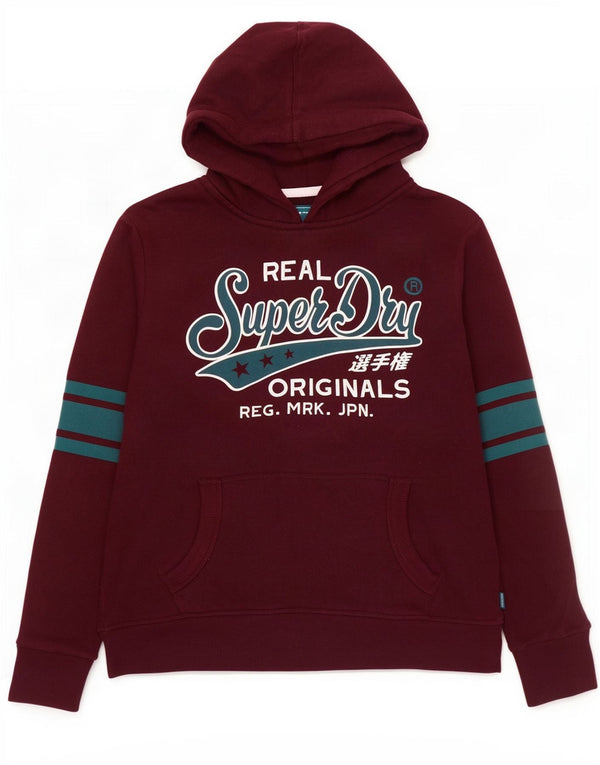 Maglione con cappuccio grafico da donna Superdry Heritage UK 14 grande cotone bordeaux