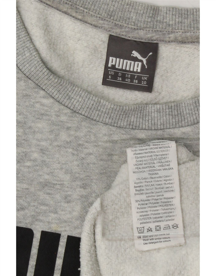 PUMA Womens Oversized Graphic Sweatshirt Jumper UK 10 Small Grey Cotton Vintage Puma and Second-Hand Puma from Messina Hembry 