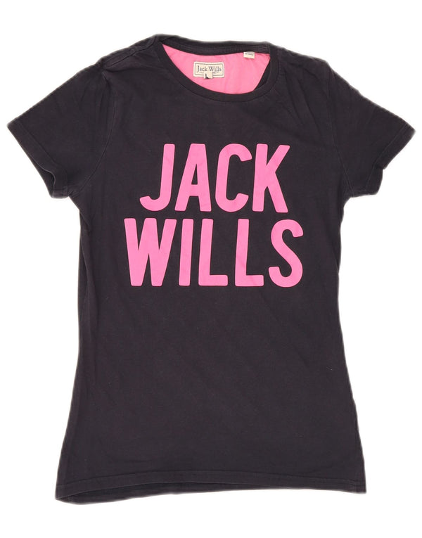 JACK WILLS T-shirt grafica da donna Top UK 6 XS Blu navy in cotone