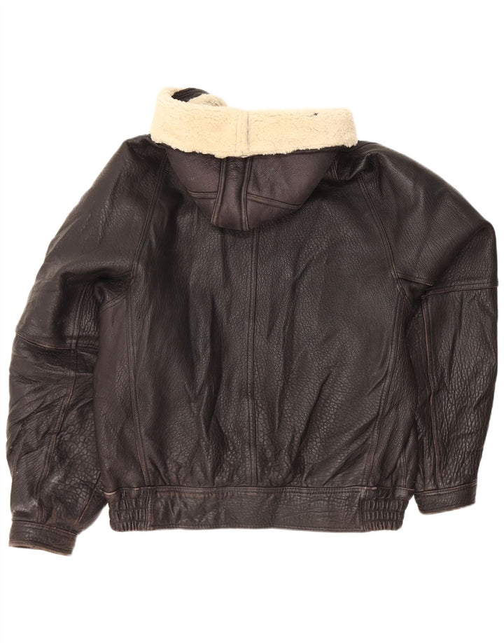 Giacca in pelle con cappuccio vintage da uomo UK 42 XL nera